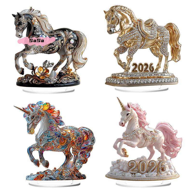 S-1Pc 2D Acrylic Ornament 2026 Year Of The Horse Desktop Decorate Miniature Statue Pony Festival Decor Home Office New Year Gift