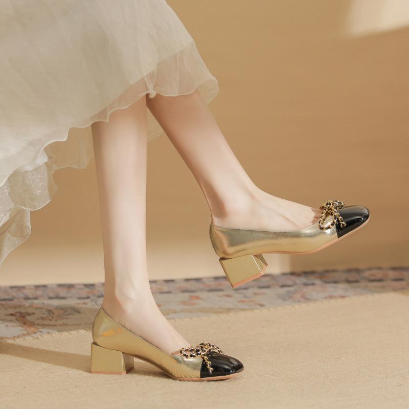 53309 [sheepskin] Square Head High Heels Women's Thick Heel 2025 New Color Matching Bow Light Mouth Medium Heel Single Shoes