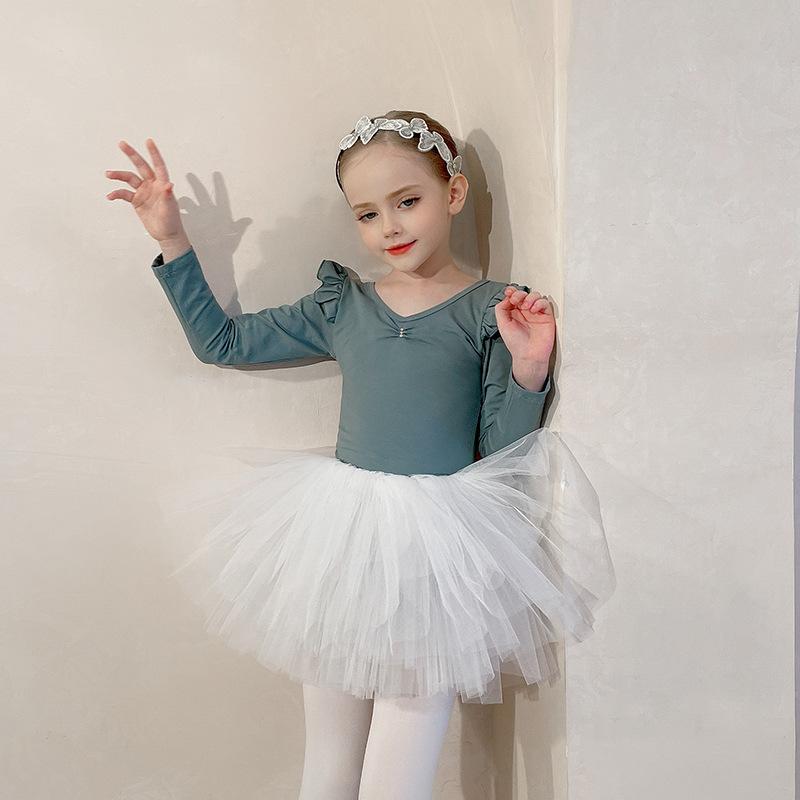Girl Ballet Tutu Dress Professional Kids Gymnastics Dance Ruffles Long Short Sleeve Leotard Practice Ballet Costume Ballerina