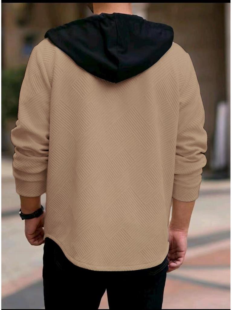 Men's Autumn/Winter Color Block Hooded Jacquard Sweatshirt with Buttons and Pockets