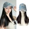 Pearl Bow Adjustable Denim Hat Wig Hairpiece Long Straight  Hair Lace Baseball Cap with Wig  Travel