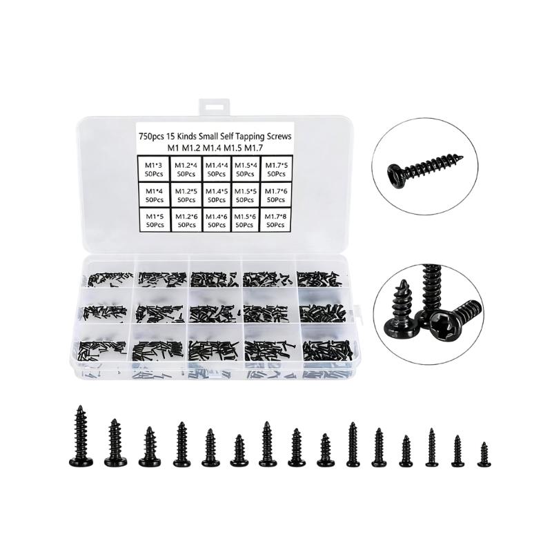Pack Of 750 Black Crosses Round Head Auto Tapping Screws For Woodworking And Furniture Assembly With Storage Case