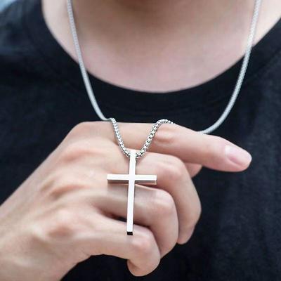 Nouveau Collier Homme Croix Lisse en Acier Titane Européen et Américain Hip-Hop Polyvalent Longue Chaîne Pull Pendentif Accessoires