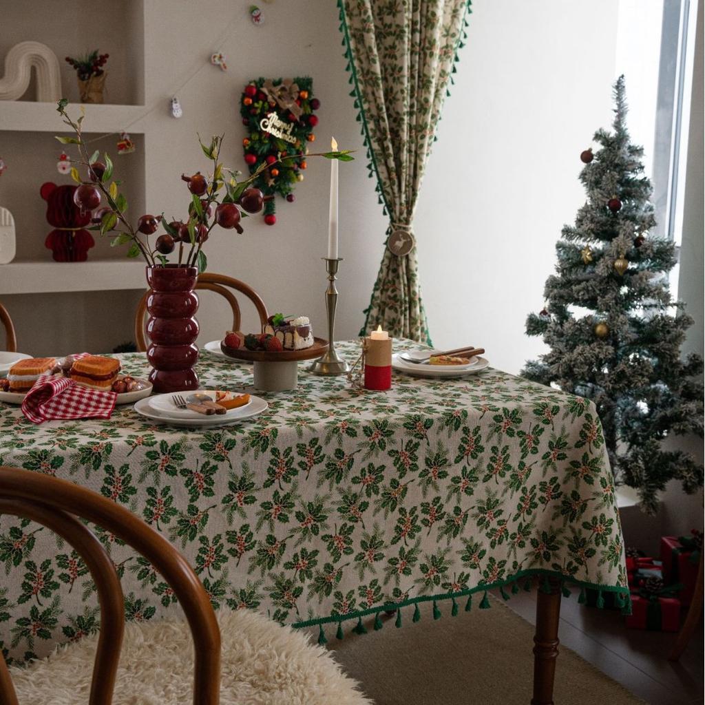 Tablecloth Christmas Holly Leaf Bronzing Berry Print Festive Table Cloth Cover Coffee Table Rectangle