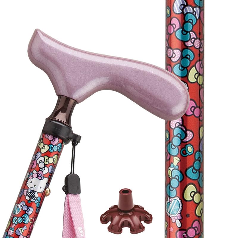 foldable cane for featuring Hello Kitty aluminum Hello Kitty rubber red Stylish, freestanding, women, design, construction, Sanrio, lightweight,