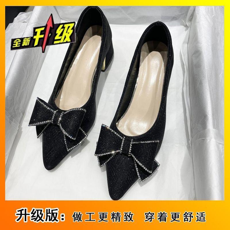 Bow thick heel high heels French evening shoes fashion with skirt single shoes 2025 summer and autumn new temperament versatile