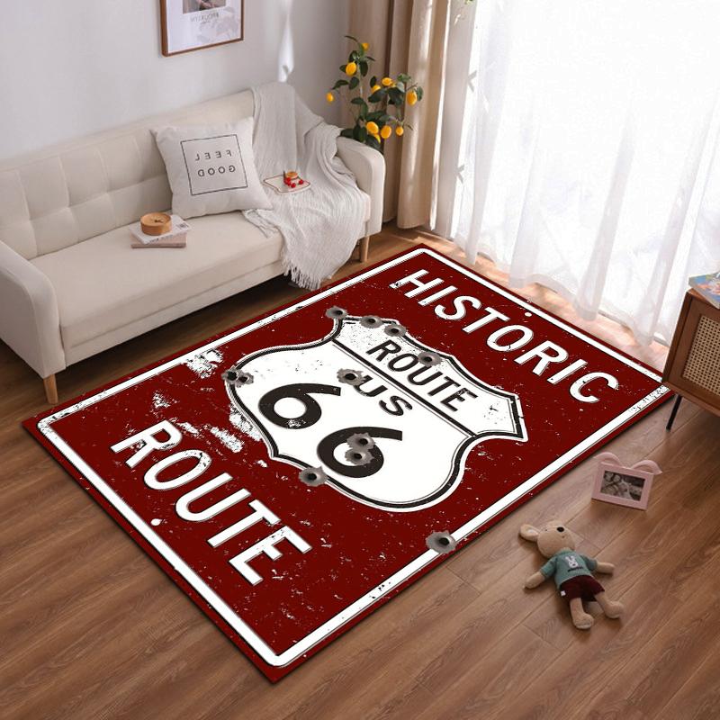 Vintage Route 66 Historic Road Sign Carpet with Red Background Suitable for use as an anti-slip for living room bedroom sofas