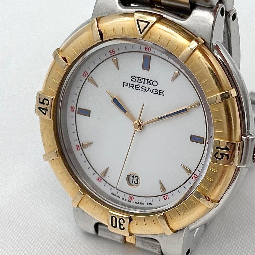 Used Working item Working item Seiko SEIKO PRESAGE Watch Men's Quartz 5E32-6A00 Combi Color White Dial Date Antique Vintage Round 0635