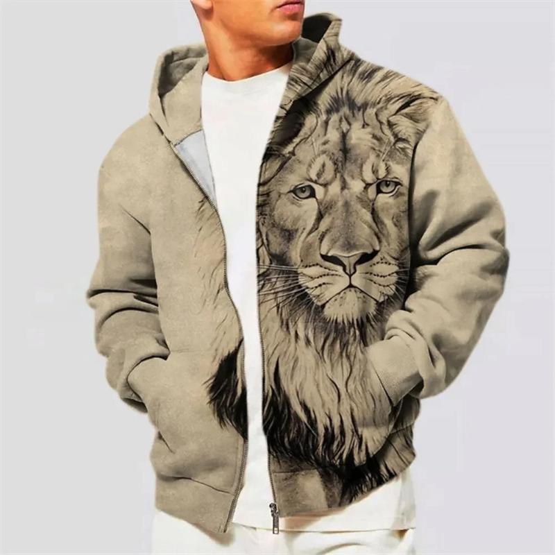 Fashionable Men's Hoodie Autumn/Winter Beast Series 3D Digital Printed Casual Men's Long Sleeve Zipper Hoodie