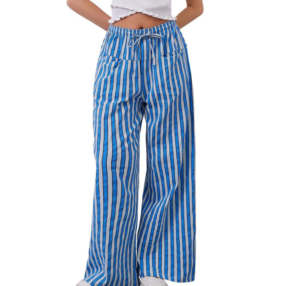 Women’s Drawstring Striped Wide-Leg Casual Trousers – Low-Waisted, Loose-Fitting Trousers