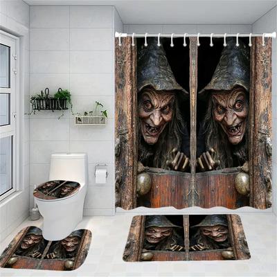 Halloween Scary Shower Curtain Witch Bath Sets Waterproof Non-Slip Bathroom Rug Toilet U With 12 Hooks Home Deco