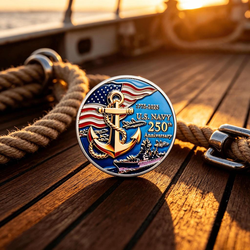 US Navy 250th Anniversary Metal Relief Coin & Badge Gift Set