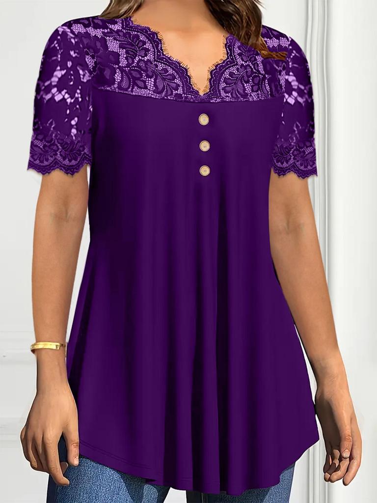 2025 European & American Women's Solid Lace V-Neck Casual Spring/Summer Short Sleeve Shirt
