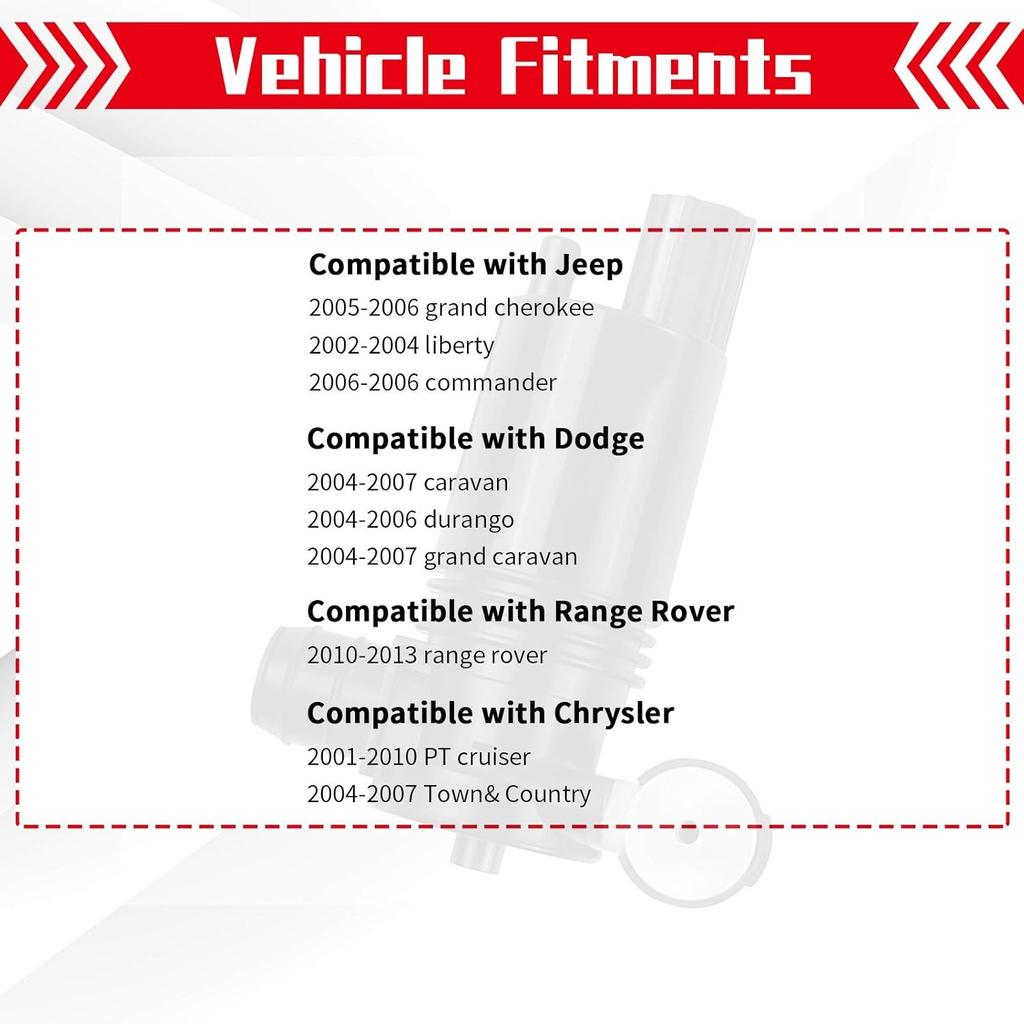 5093412AA Windshield Washer Pump with Grommet for Chrysler | Dodge | Jeep Grand Cherokee, Liberty | Land Rover Replaces OEM# 4818-232316A