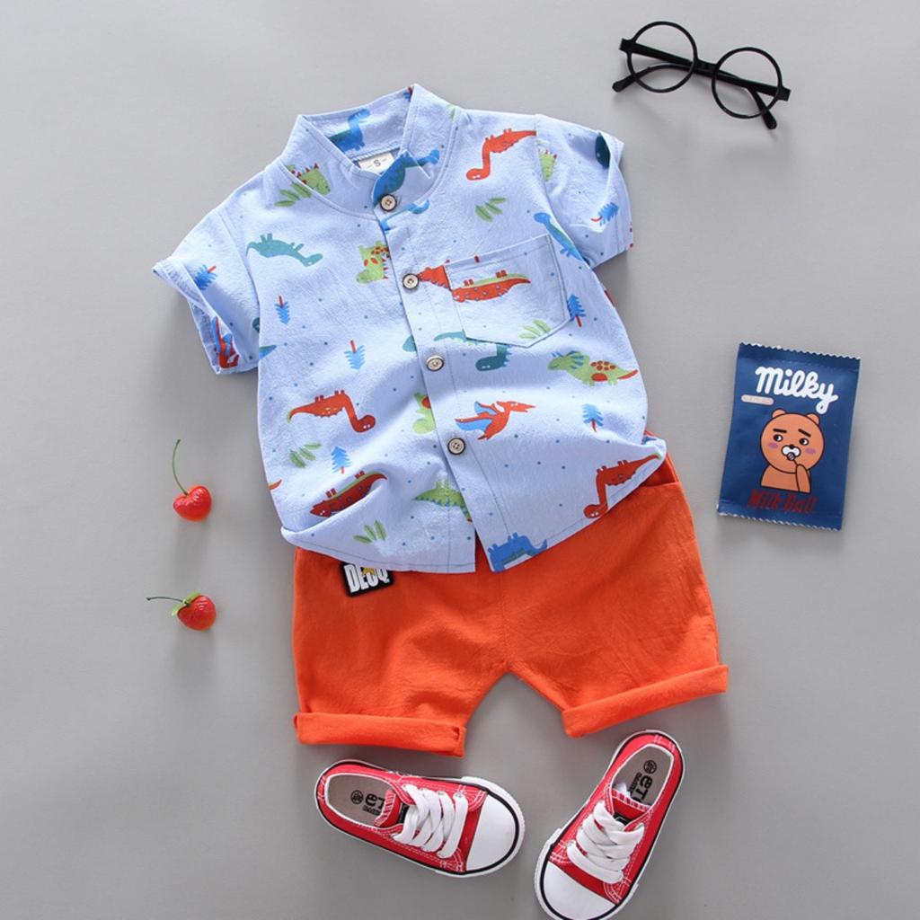 Summer Printed Pyramid Shirt Short Sleeved Shorts Set for Male and Female Infants and Young Children