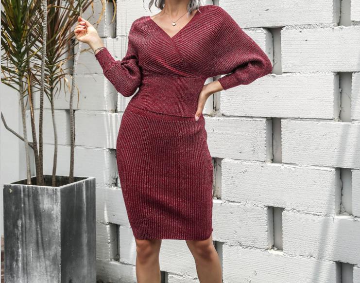 2023 Damen Off-Shoulder Fledermausärmel Rückenfreies Stricktop & Bodycon Wollkleid Set