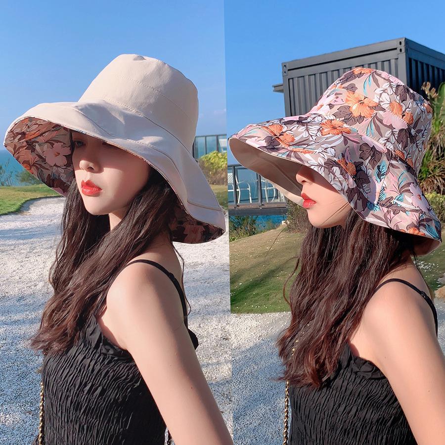 

Large Brim Fisherman s Hat Double-sided Wearable Printed Cotton Shade Hat Temperament Versatility Female Spring Summer Sunscreen One Size
