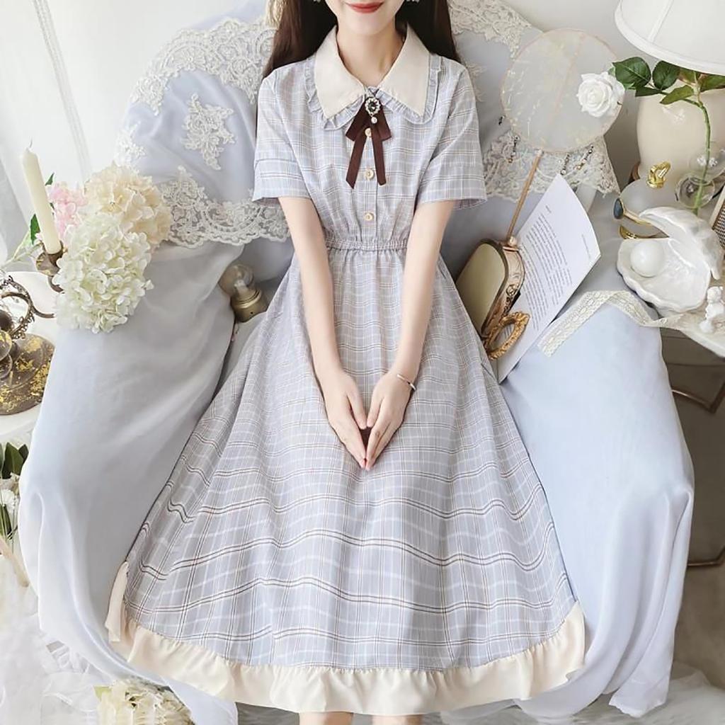 LAVASEON Checkered Dress with Long Short Dress with Elastic Waist and Ruffled Mori Princess Loose School 2-Piece Ribbon, Length, Mass-Produced,