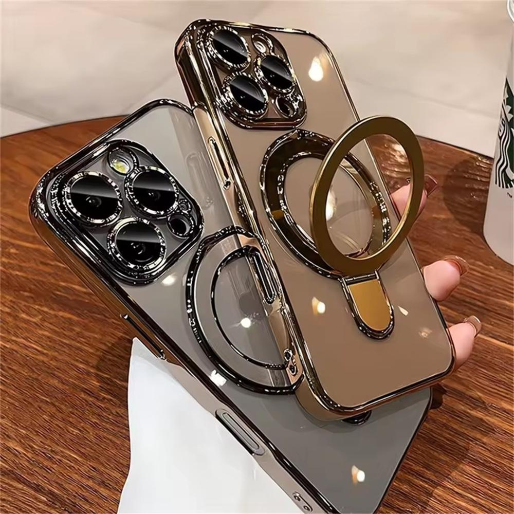 For Magsafe Bracket Plating Case For iPhone 17 16 15 13 14 Pro Max Plus Magnetic Stand Ring Holder Transparent Shockproof Cover
