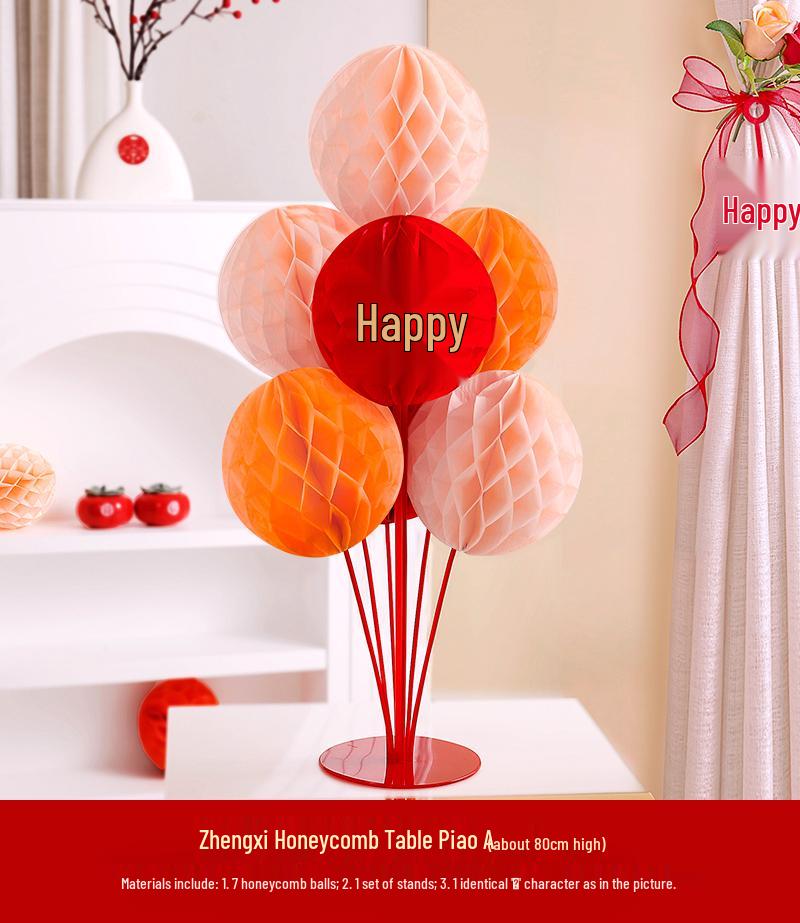 

Wedding Room Decoration Set: Honeycomb Balls, Table Floats, Male & Female Paper Lanterns, Large Happy Character Backdrop