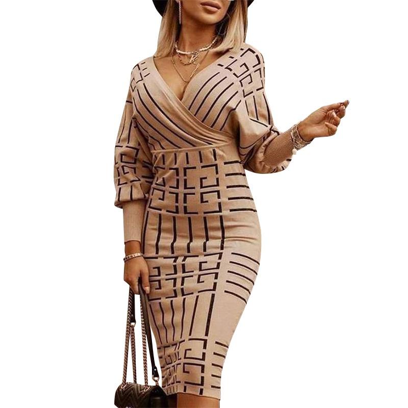 Womens Deep V Neck Dresses Retro Dresses Print Long Sleeve Bodycon Dress Plus Size