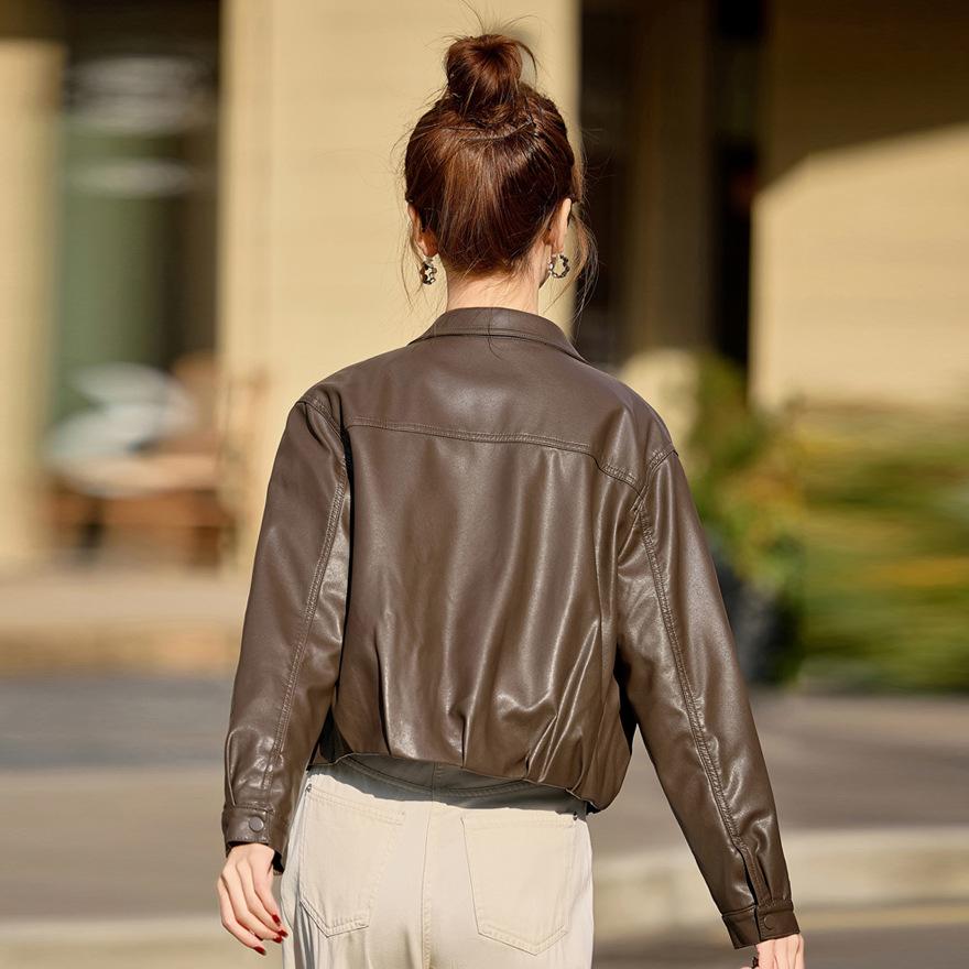 Black short leather jacket women's new spring and autumn retro popular motorcycle leather jacket