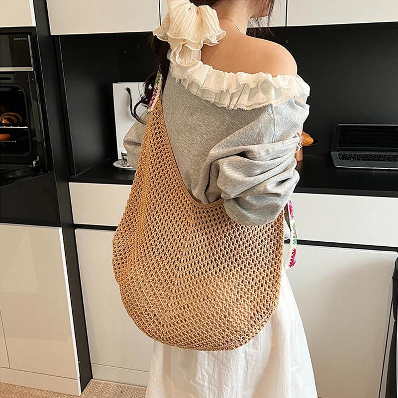 Einfarbige Häkeltasche mit großer Kapazität, leichte, durchbrochen gewebte Tasche, bestickter Träger, Damen-Handtasche, Strandtasche, Neu 2026