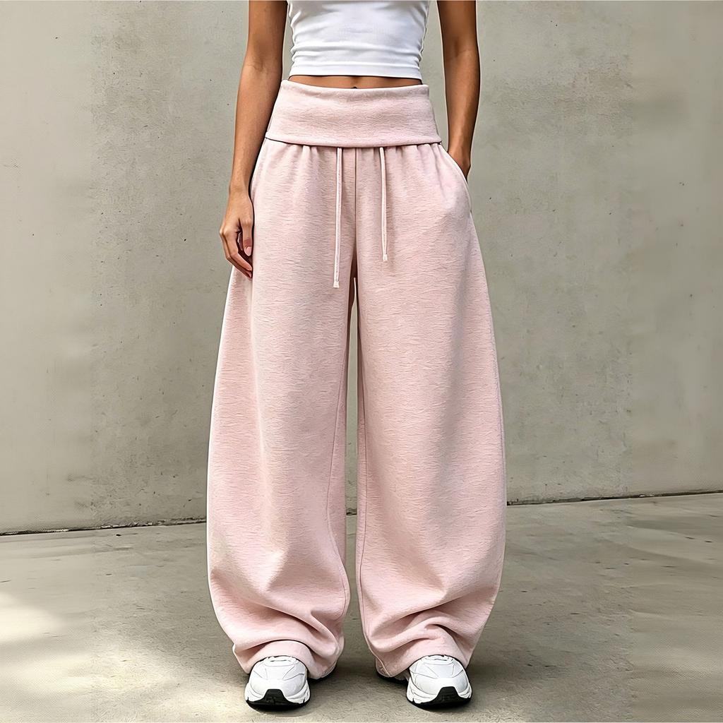 Damen Freizeit Farbe Umklappbund Locker Sitzende Jogginghose für Lounging und Alltag