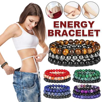 Pulsera de piedra natural de 3 piezas, 8 mm, rodonita, cuarzo rosa, amatista, hematita, pulseras para mujeres y hombres, joyería