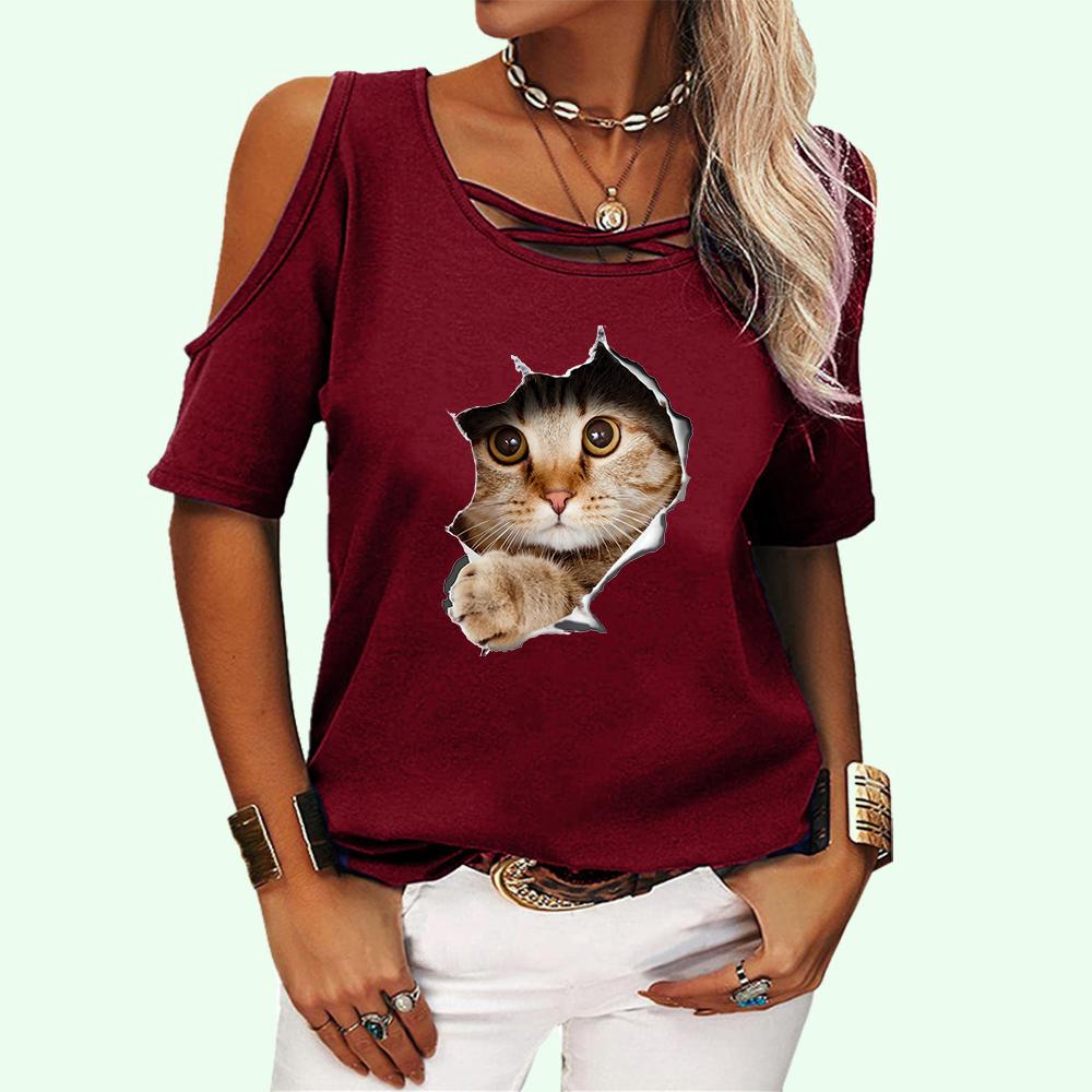 Frauen Mode Off Schulter T-shirt Sommer Casual Kurzarm T-shirt O Neck Cat Print Top Pullover Damen T-shirt