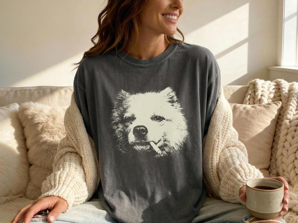 Smoking American Eskimo Dog T-Shirt: Vintage Y2K Grunge Graphic Dog Tee, Funny American Eskimo Face, Edgy Meme T, Gift For Eskie Dog Mom Dad