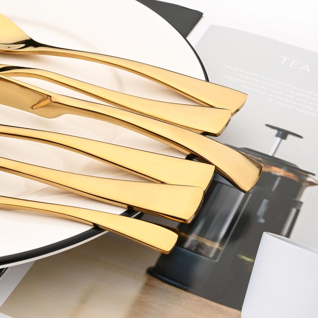 24pcs Shiny Gold Dinnerware Set Upscale 304 Stainless Steel Cutlery Set Steak Knife Fork Spoon Flatware Party Kitchen Tableware