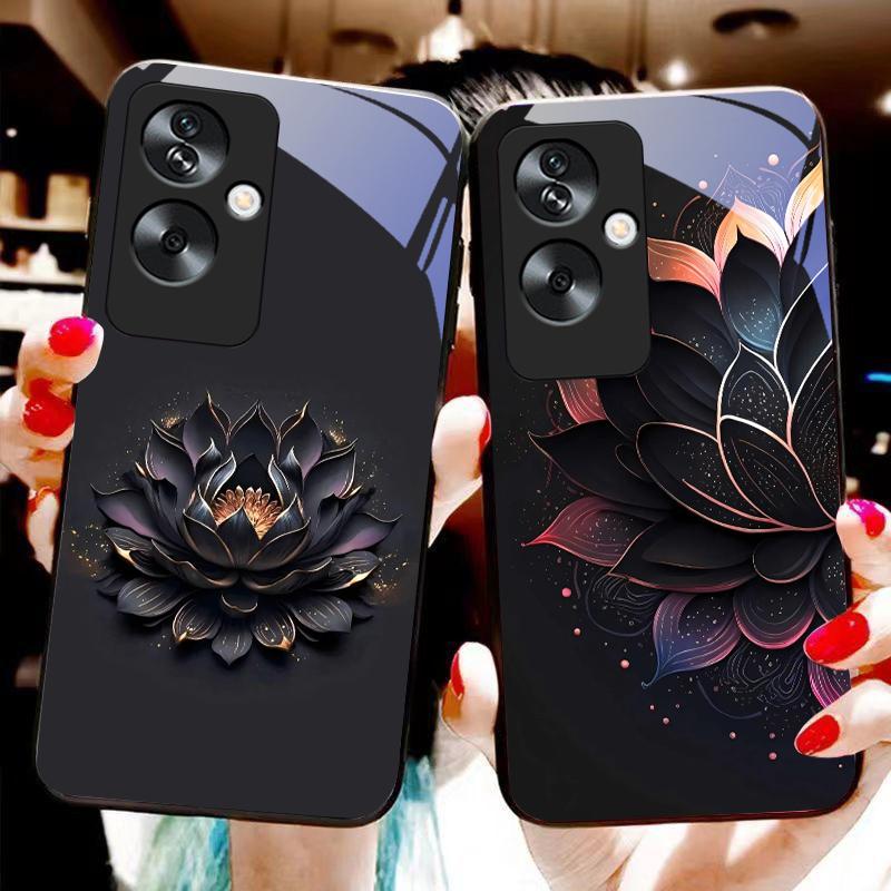 Luminous Black Lotus For Oppo A79 5G 58 78 74 60 4G Reno 11F Realme GT 6 11 Note 50 10 C55 X2 Tempered Glass Black Phone Case