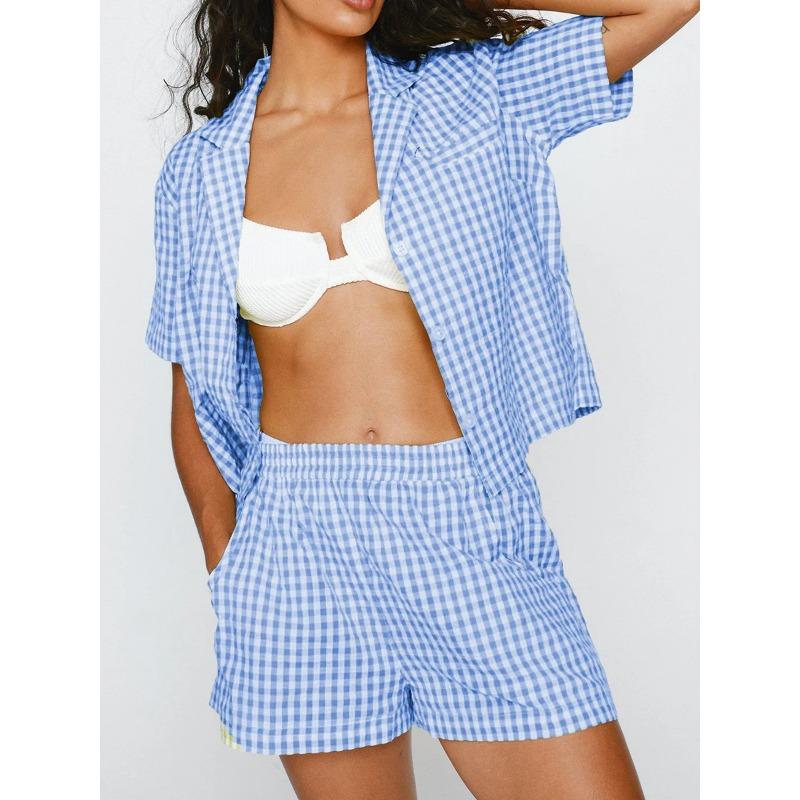Yeni Gingham Pijama Şort Takımı Kadın 2 Parça Lounge Takımı Kısa Kollu Yaka Ekose Gömlek Üst Şort Pijama Takımları