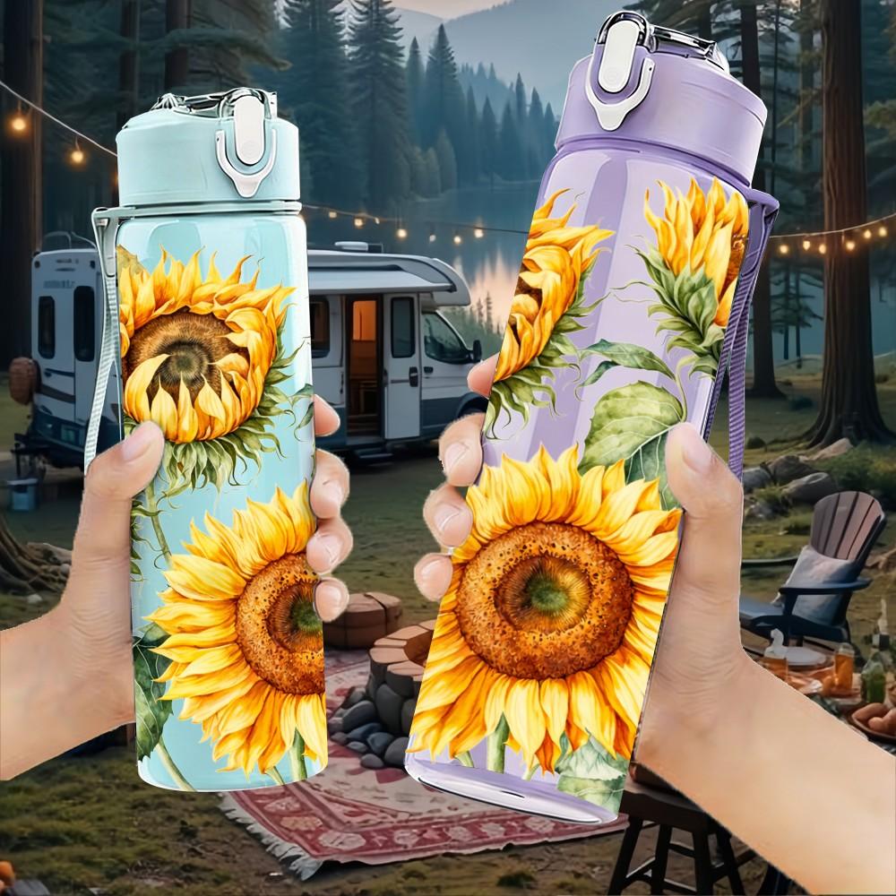 1PC Sunflower Boho Farm Floral Pattern 750ml Color Plastic Sports Water Bottle Leakproof Flip Straw Lid Suitable for Sports Office Home Use