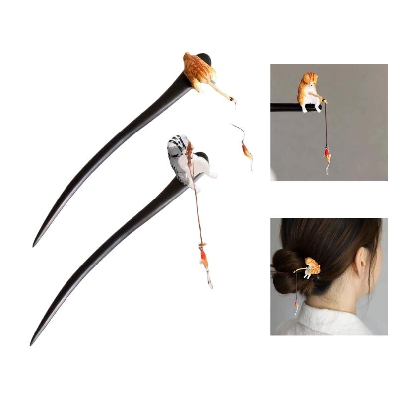 Wooden Hairpin With Fishing Cats  Chinese Style  Hair Sticks Hair Accessory For Women Daily Styling