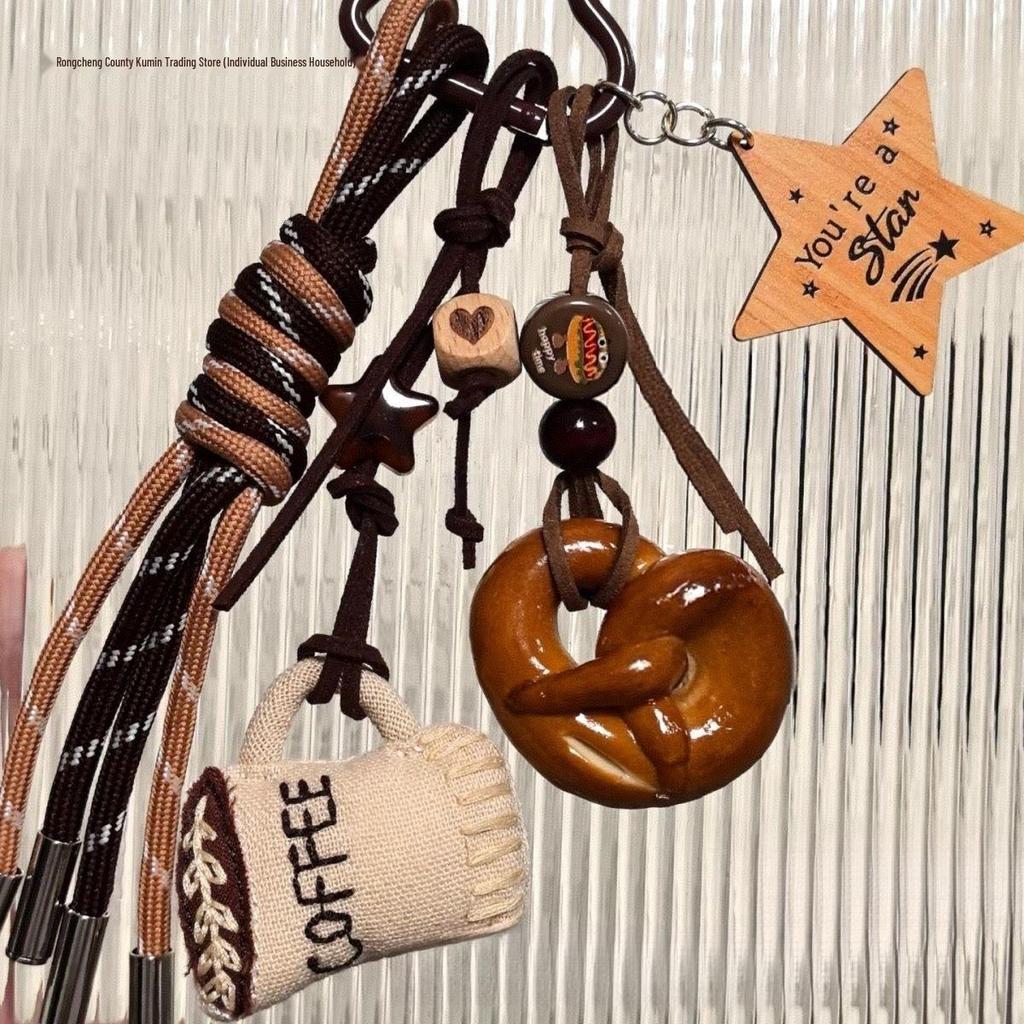 Brown Lye Bread Pendant Keychain with Coffee Doll Climbing Rope - Autumn/Winter Decorative Bag Charm