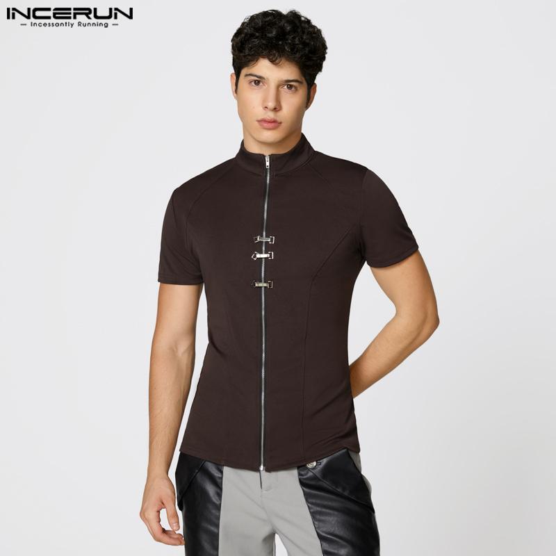 INCERUN Summer Men High Neck Short Sleeve Zip-Up Fitted Tops T-shirts Undershirts