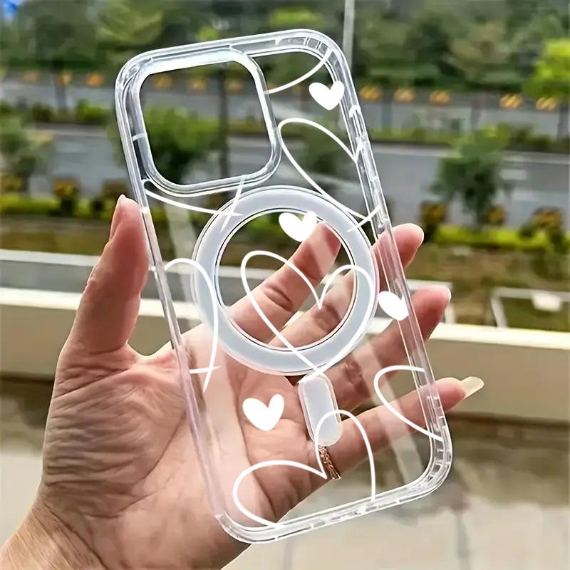 For Samsung Galaxy S25 S24 S23 S22 Ultra Plus FE Clear Magnetic Phone Case Simple White Love Heart Wireless Charging Back Cover