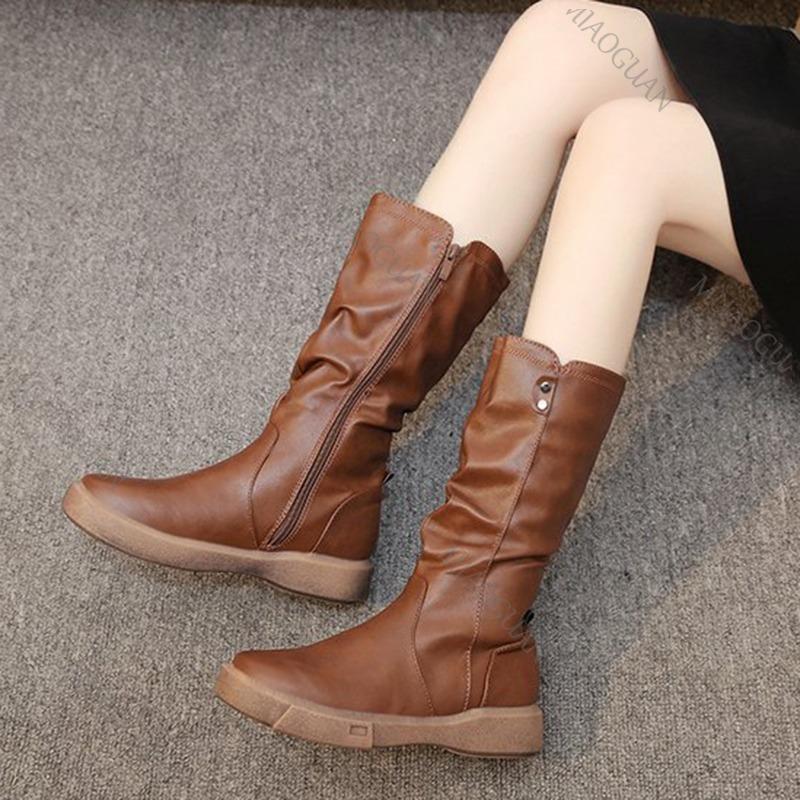 Modische Damen Herbst Winter Mittelhohe Stiefel Runde Spitze Reißverschluss Falten Dicke Sohle Kunstleder Lässige Damenschuhe Schwarz Braun Botas