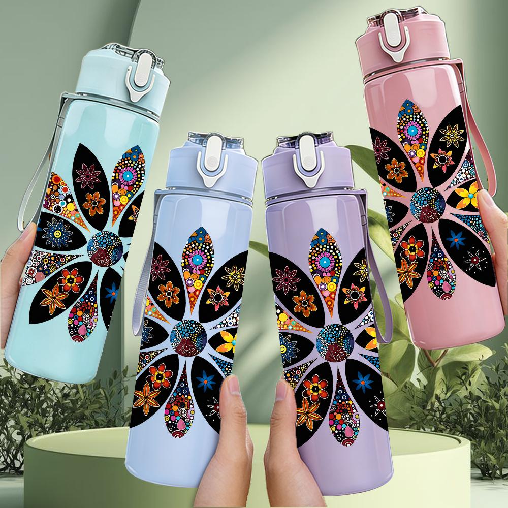 1PC Multicolor Mandala Flower Graphic,750ml Color Plastic Sports Water Bottle,Leakproof Flip Straw Lid,Suitable for Sports Office Home Use