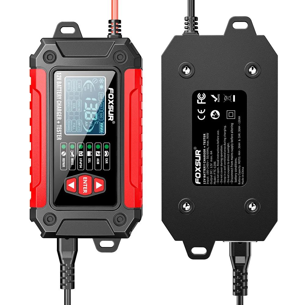 FOXSUR Car Battery Charger 12V 6A FTC-1206 Motorcycle Truck AGM LiFePO4 Lead Acid Batteries Maintainer Digital LCD Display