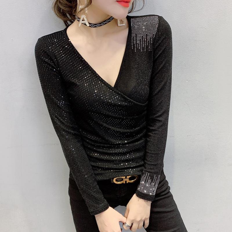 

Рубашка на сетчатой основе для женщин на осень и зиму, блестящий плиссированный сексуальный топ с V-образным вырезом, узкая футболка с длинными рукавами XL