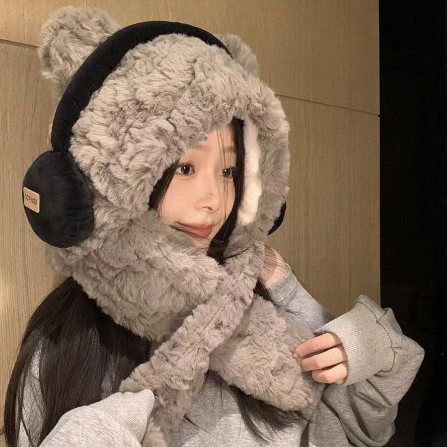 Women's Bear Earphones Hat: Warm Hooded Scarf with Plush Ear and Neck Protection for Autumn/Winter
