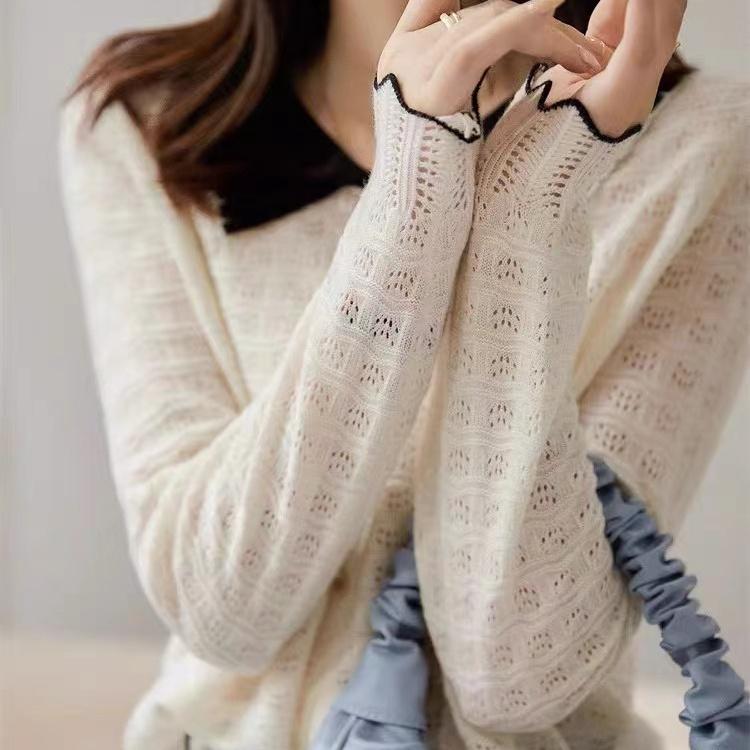 Contrasting Base Shirt for Women's Spring Long Sleeved Thin Cut Hollow Knitted Top