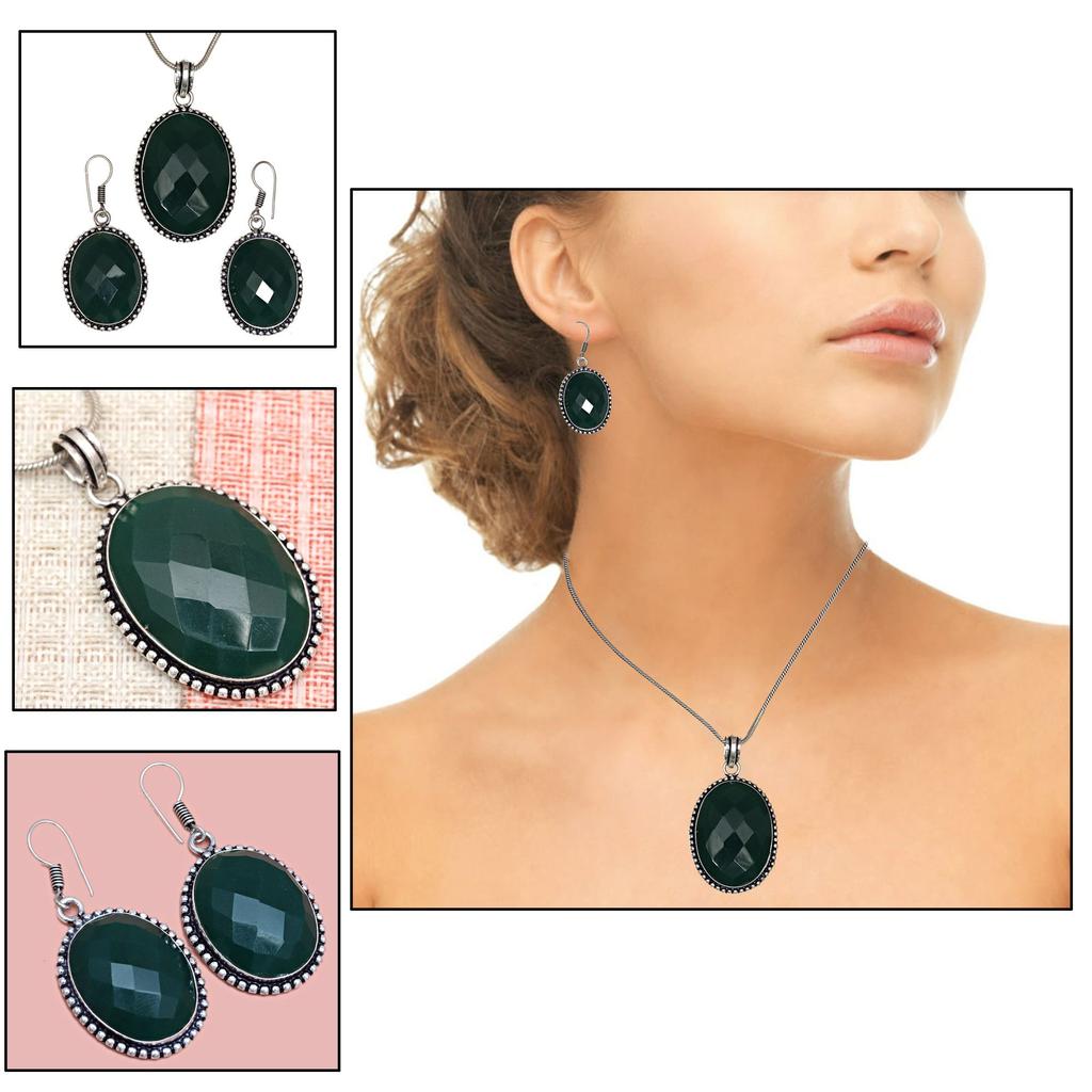 Onyx Green Pendant Set Earrings Jewelry Gemstone Handmade Ethnic