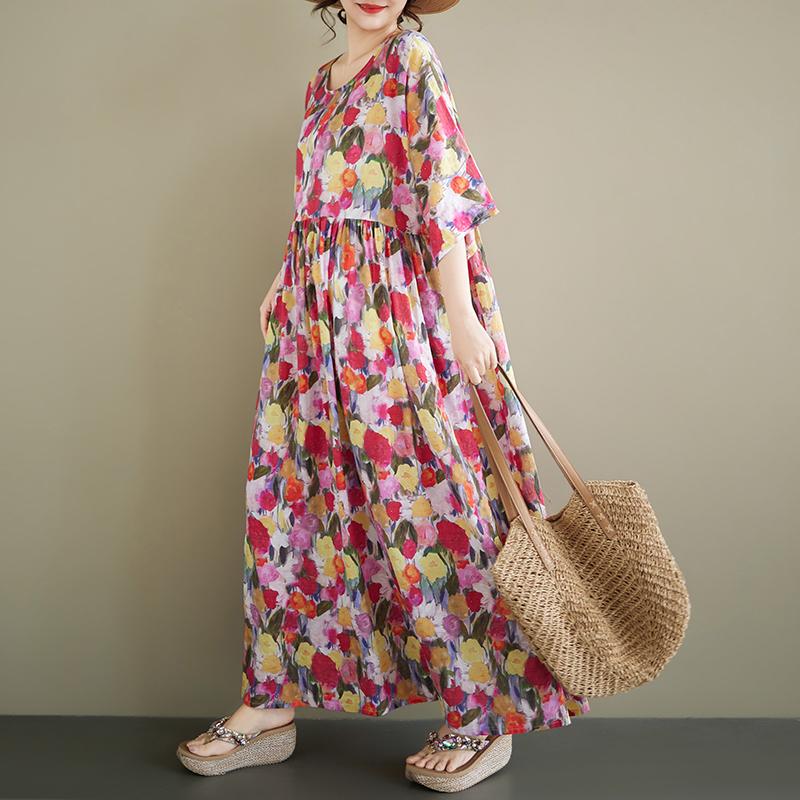 

DIMANAF New 2026 Plus Size Spring Summer Beach Long Dress Women Lady Loose Oversize Maxi Floral Print one size