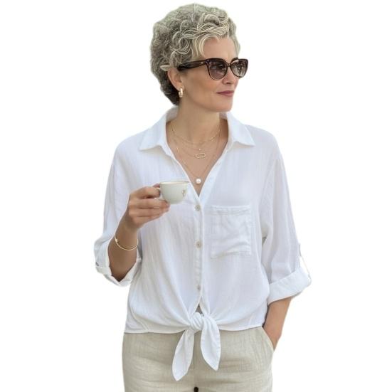 

Women Shirt Lapel Roll-up Long Sleeve Buttons Placket Lace-up Hem Shirt Tops Pure Color Loose Fit Lace Hollow Back Casual Blouse S белый