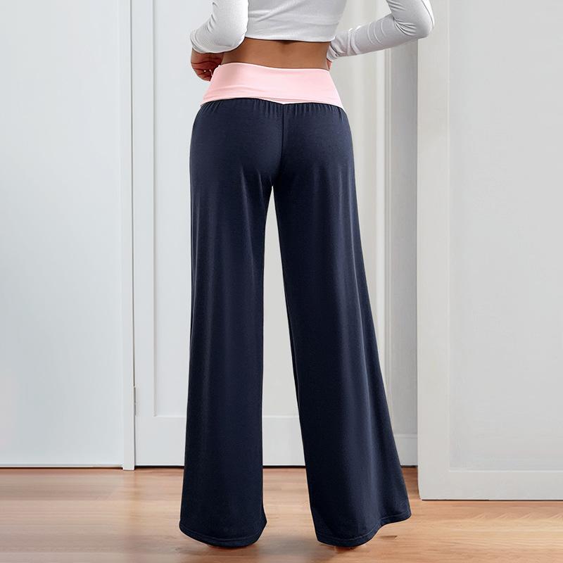 Women's Sweatpants Color Block Low Rise Fold Over Waist Baggy Wide Leg Pants