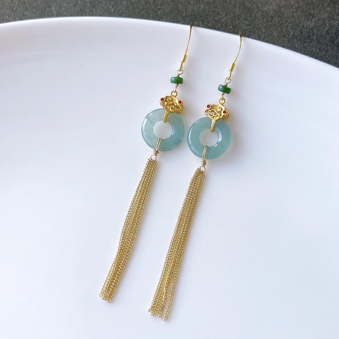 14k Gold Plated Sweet Donut Tassel Earrings in Blue, Chinese Style, Xiaohongshu Gift